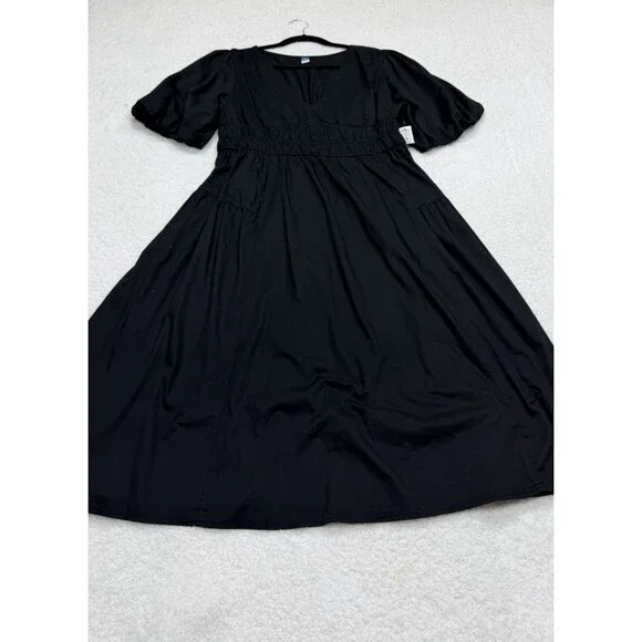 Old Navy Midi Dress Fit Flare Black Puff Sleeve Cotton Vacay Preppy Large P NWT - Picture 2 of 10